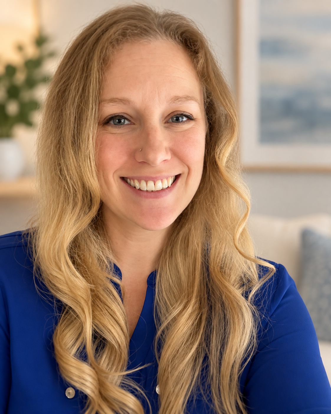 Siobhon Leuschner, LMHC, smiling in a blue blouse
