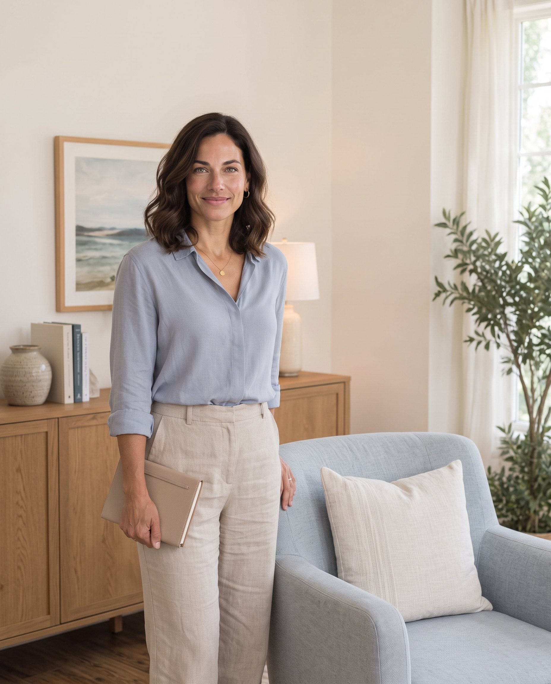 A warm professional standing in a calm therapy-office setting
