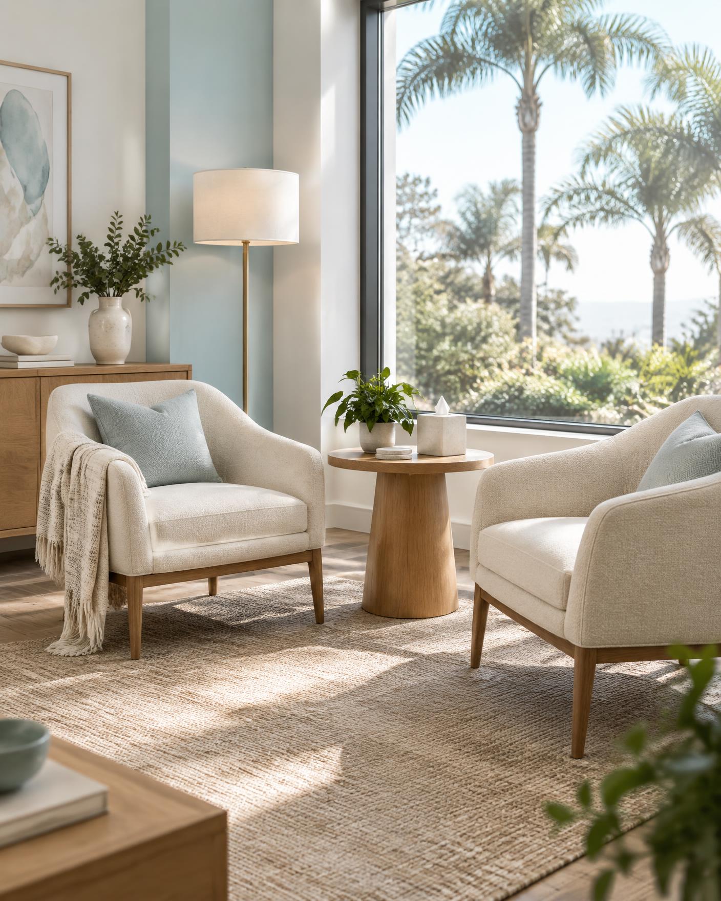 Two comfortable chairs arranged for a private therapy conversation