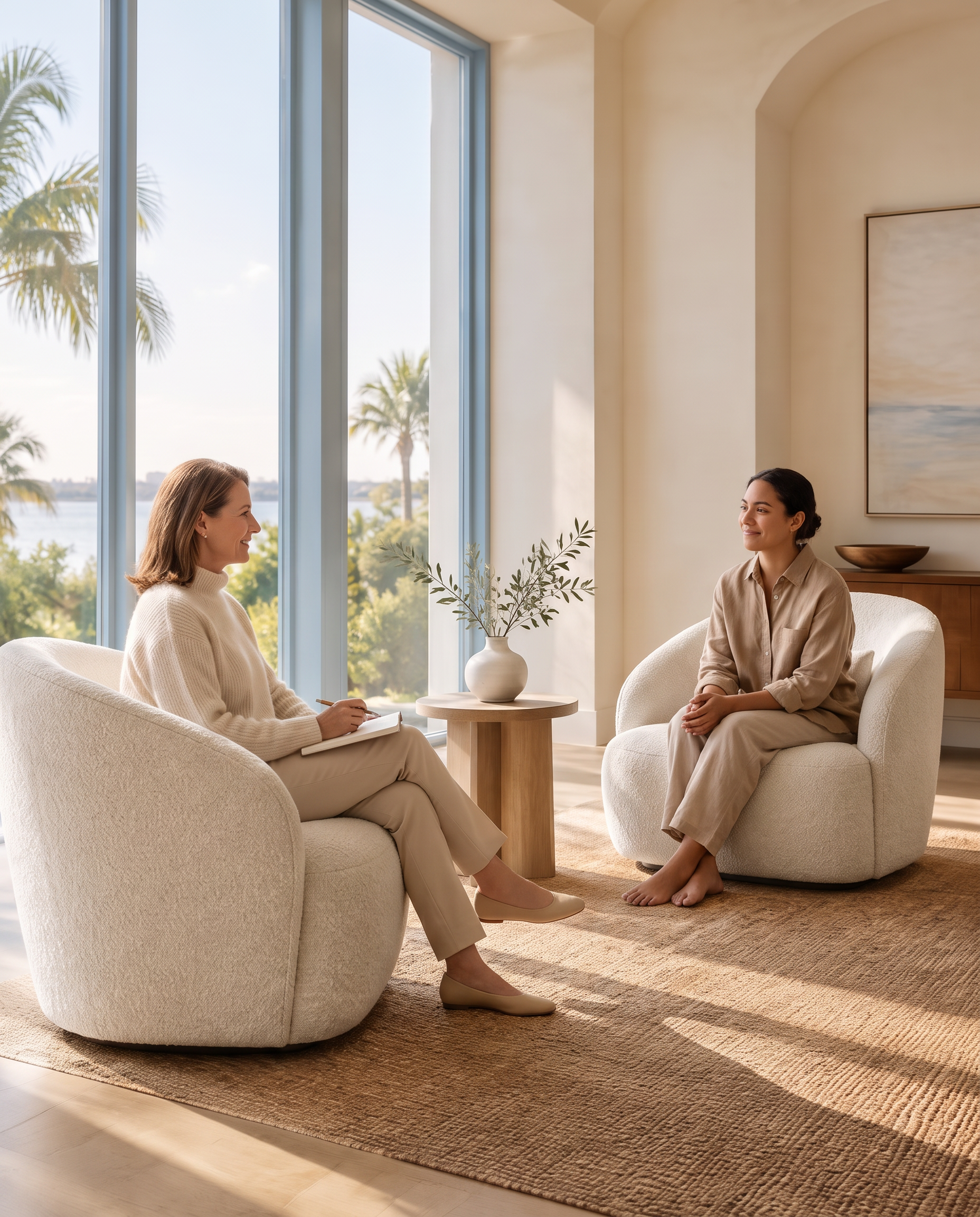 A serene therapy room with cream chairs and pale blue-framed windows overlooking Florida greenery