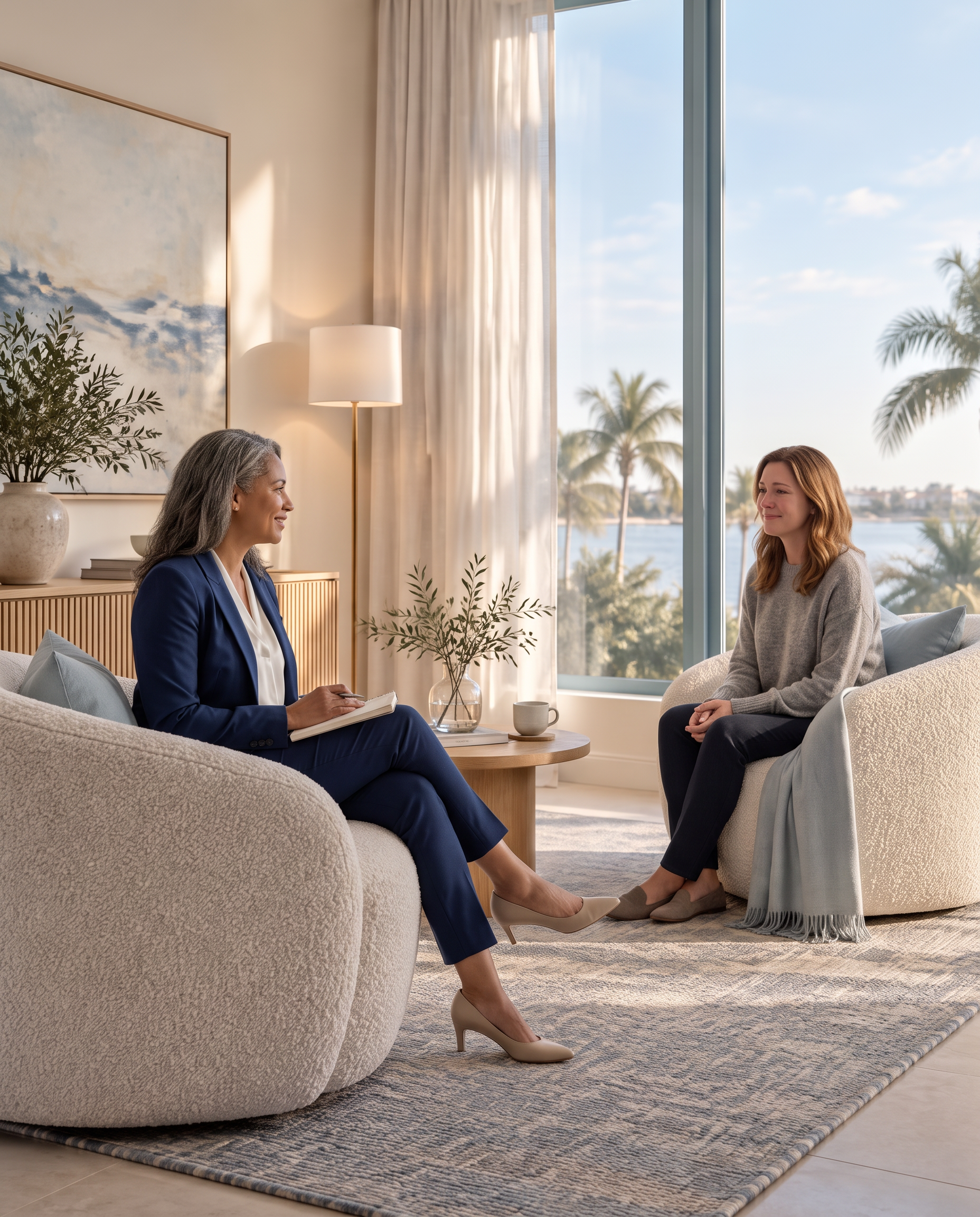 A serene therapy room with two comfortable chairs overlooking the Florida coast