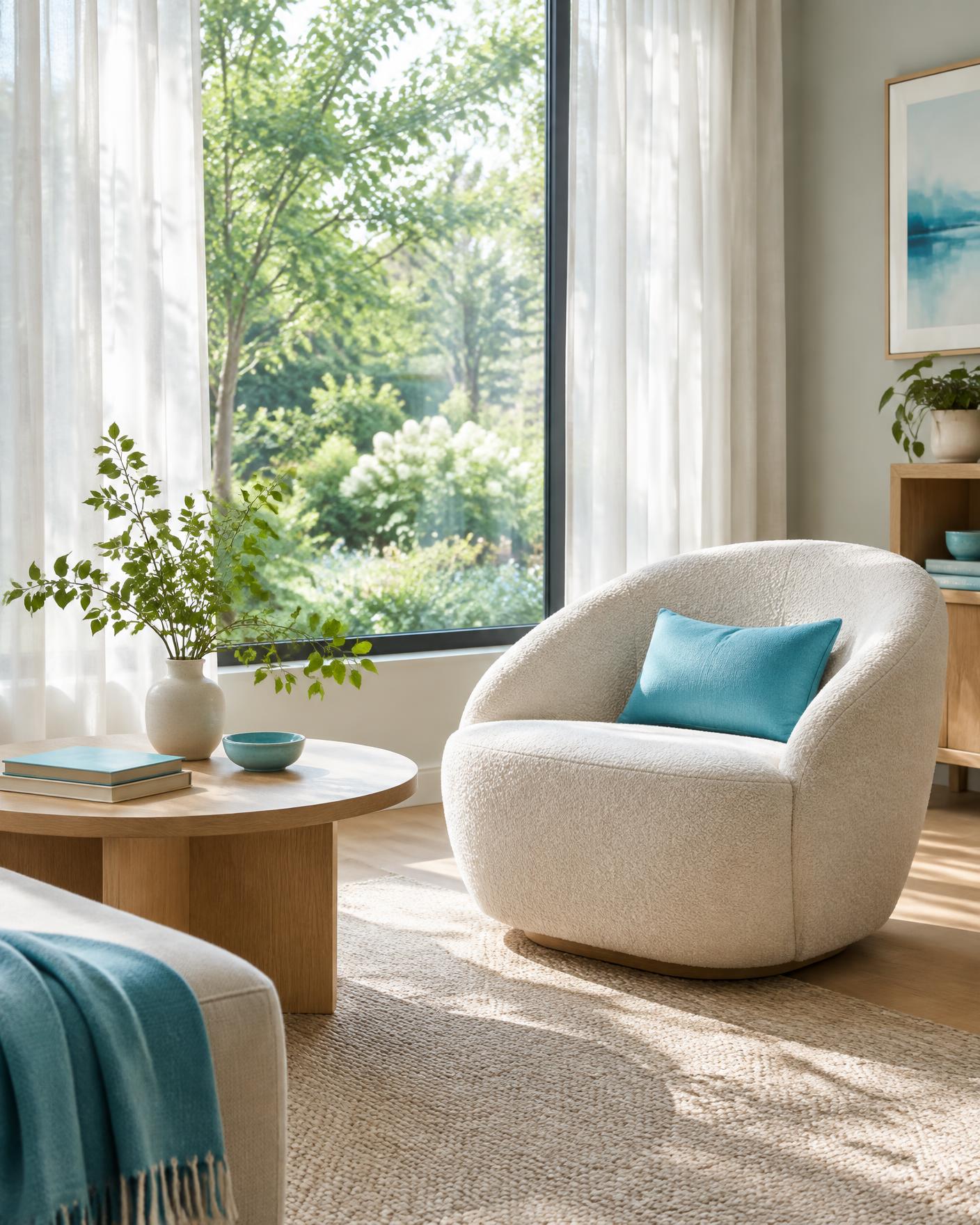 A peaceful therapy-office window nook overlooking a garden